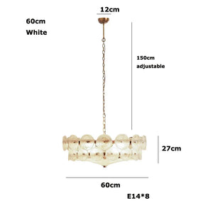 The Italian Retro Pendant Light features white Murano glass circular elements, measures 60cm in diameter and 27cm in height, with a 12cm ceiling mount and 150cm adjustable chain. This Mid-Century piece fits 8 E14 bulbs and highlights Italian artisan craftsmanship.