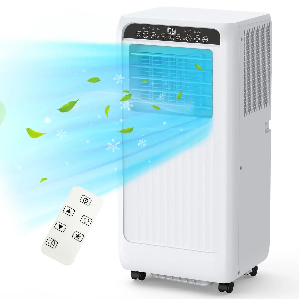 The Powerful Air Conditioner features digital controls, a sleek white tower design perfect for modern homes, and comes with a remote control. It powerfully emits cool air, illustrated by ice and leaf graphics.