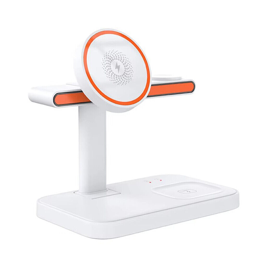 The Universal Charger SpyCam is a sleek white wireless charging stand with an orange accent, featuring a circular pad and base for added convenience.