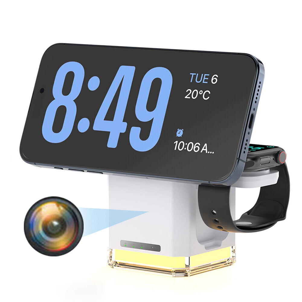 A smartphone displays time and temperature on a charging stand with a smartwatch, subtly using the Universal Charger Night Light SpyCam. A magnified image highlights part of the stand, blending functionality with discreet surveillance.