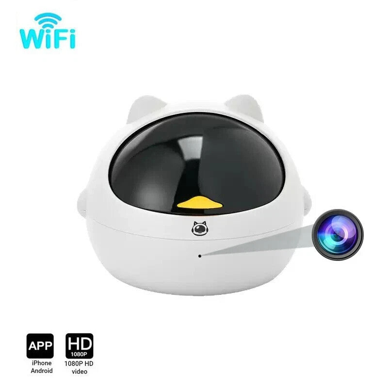 The Cute Display SpyCam is a white, kitty-shaped security camera with a black lens dome, WiFi, 1080P video quality, smartphone support, and app compatibility—ideal for discreet home surveillance.