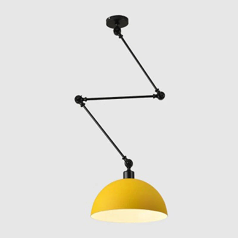 The Zig Zag Pendant Light is an industrial-style, yellow dome design with a sleek, adjustable black rod arm system, set against a plain background.