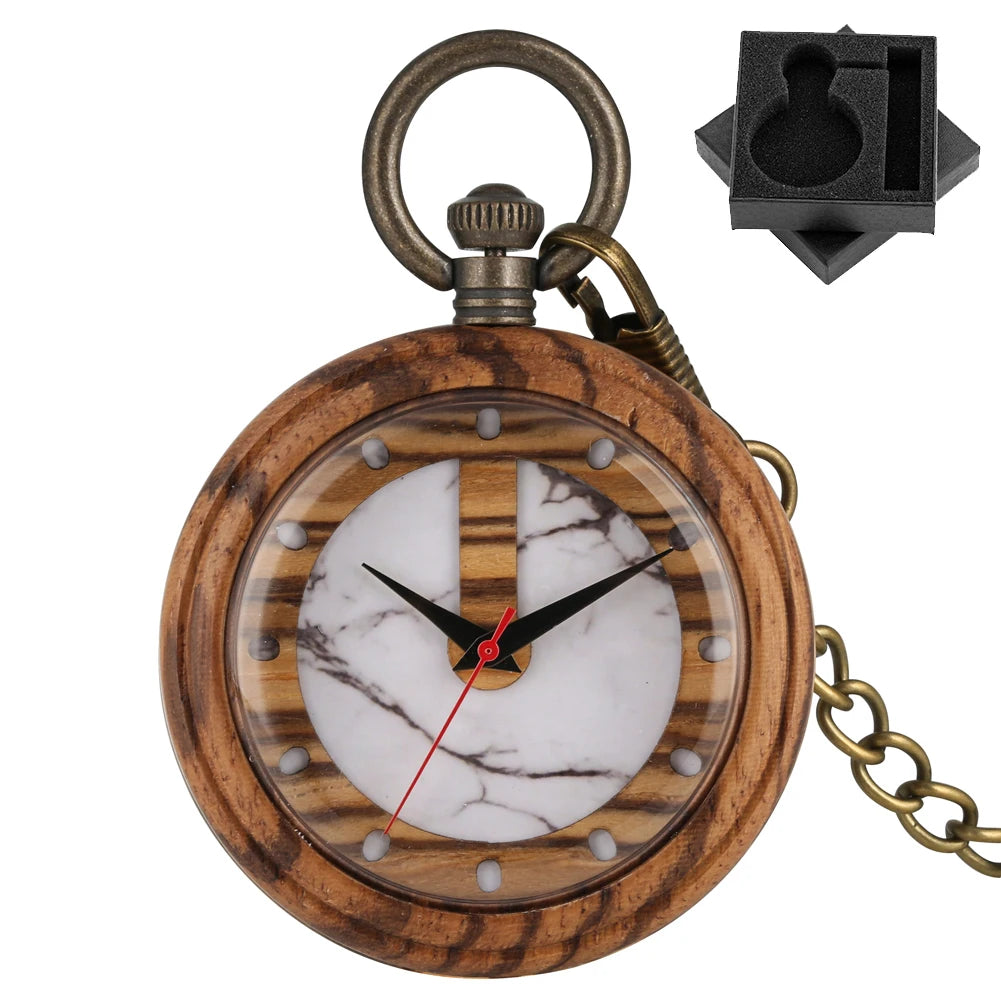 The Wooden Pocket Watch features a marble-patterned clock face, black and red hands, a brass chain, and comes with a black foam insert for storage—making it a standout in our collection.