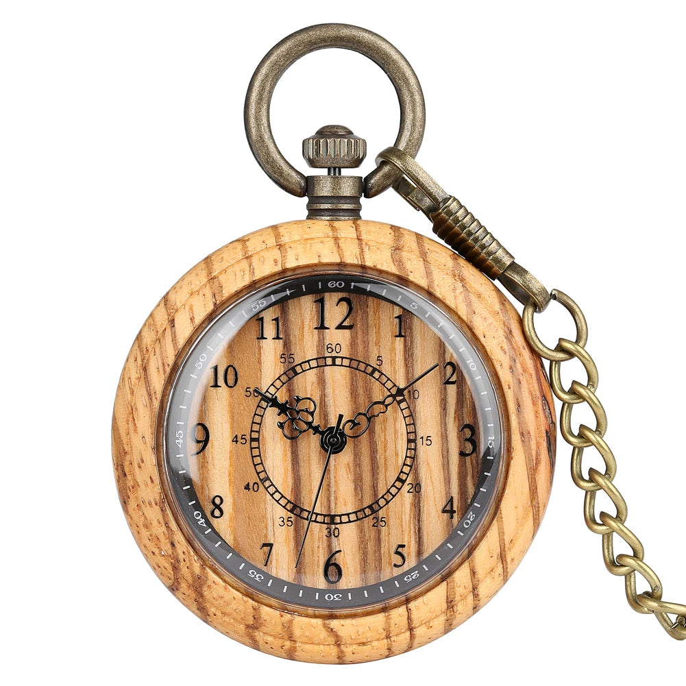 The Wooden Pocket Watch features a round wood case, black numerals, ornate clock hands, and a metal chain attached to the top.