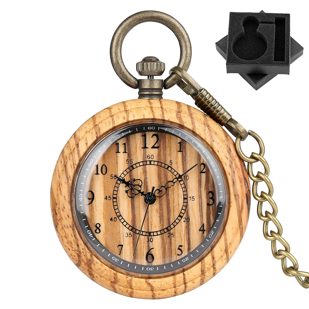 The Wooden Pocket Watch features black classic numerals, ornate clock hands, a metal chain, and includes a black foam holder—an elegant addition to any wood watch collection.