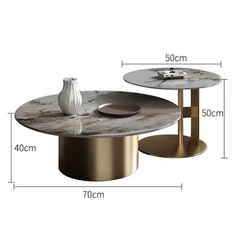 The Premium Round Coffee Table set includes two pieces with sintered stone tops and gold bases; the larger table measures 70cm W x 40cm H, while the smaller is 50cm W x 50cm H.