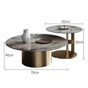 The Premium Round Coffee Table set includes two pieces with sintered stone tops and gold bases; the larger table measures 70cm W x 40cm H, while the smaller is 50cm W x 50cm H.