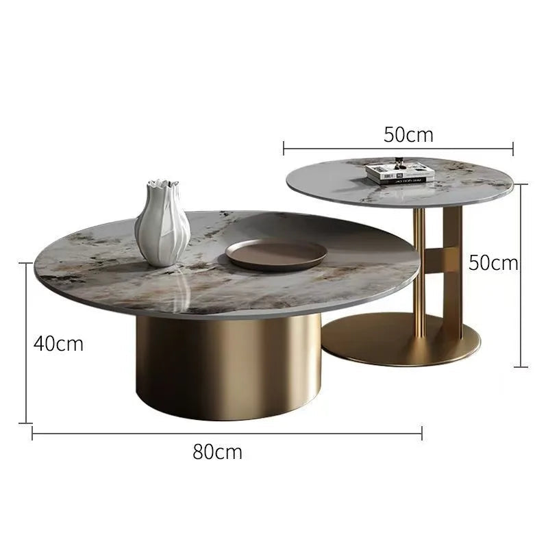 The Premium Round Coffee Table set features two contemporary tables with marble-look sintered stone tops and gold bases: one measures 80cm wide by 40cm high, the other is 50cm wide by 50cm high.