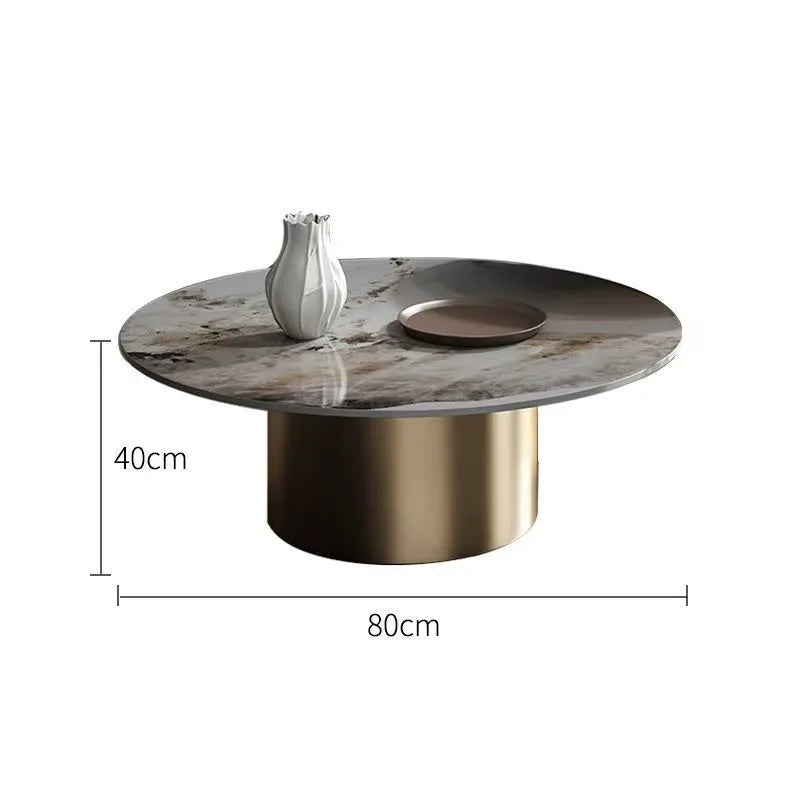 The Premium Round Coffee Table features a marble top, gold cylindrical base, white vase, and dish; measures 80 cm wide by 40 cm high.