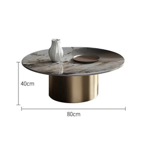 The Premium Round Coffee Table features a marble top, gold cylindrical base, white vase, and dish; measures 80 cm wide by 40 cm high.
