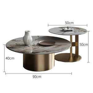 The Premium Round Coffee Table set includes two round tables with elegant gold bases and marble-look tops: one 90cm wide, 40cm tall, the other 50cm wide and tall. A vase and books add a contemporary finishing touch to this stylish duo.