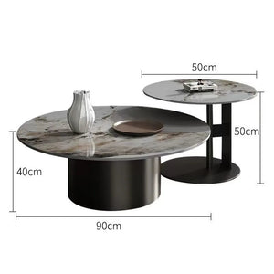 This set features two Premium Round Coffee Tables with marble tops and black bases: the larger table is 90cm wide by 40cm tall, the smaller is 50cm wide by 50cm tall. A vase and tray sit on the larger table.