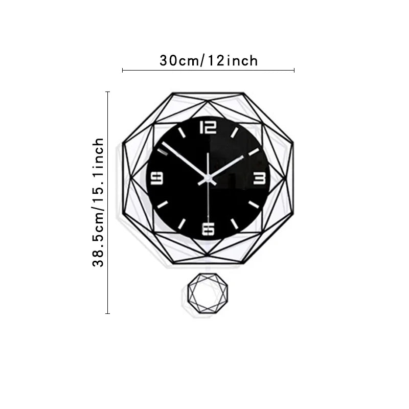 The Minimalist Polygon Wall Clock features a geometric black metal design with white numbers. Measuring 30 cm (12 inches) in diameter and 38.5 cm (15.1 inches) in height, it elegantly complements modern and minimalist décor, making it perfect for any enthusiast's space.