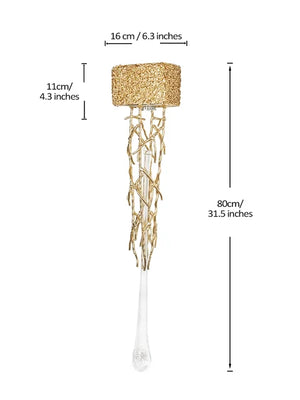 A Luxury Vertical Wall Light showcasing intertwined gold branches, with a cylindrical top that measures 16 cm in width and 11 cm in height, gracefully extends downward to reach a total length of 80 cm.