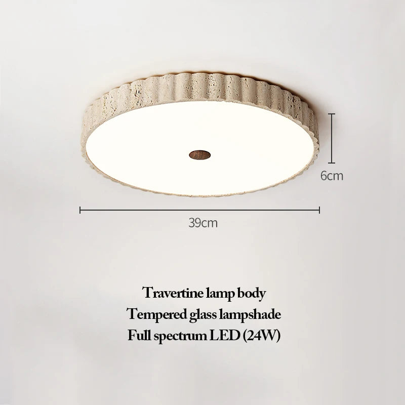 Natural Stone Ceiling Light featuring a round travertine body, tempered glass, and a full spectrum 24W LED; with a diameter of 39 cm and height of 6 cm, this fixture is ideal for those seeking wabi-sabi lighting that showcases organic textures and timeless elegance.