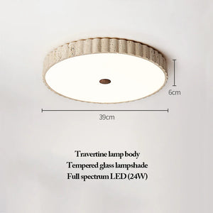 Natural Stone Ceiling Light featuring a round travertine body, tempered glass, and a full spectrum 24W LED; with a diameter of 39 cm and height of 6 cm, this fixture is ideal for those seeking wabi-sabi lighting that showcases organic textures and timeless elegance.