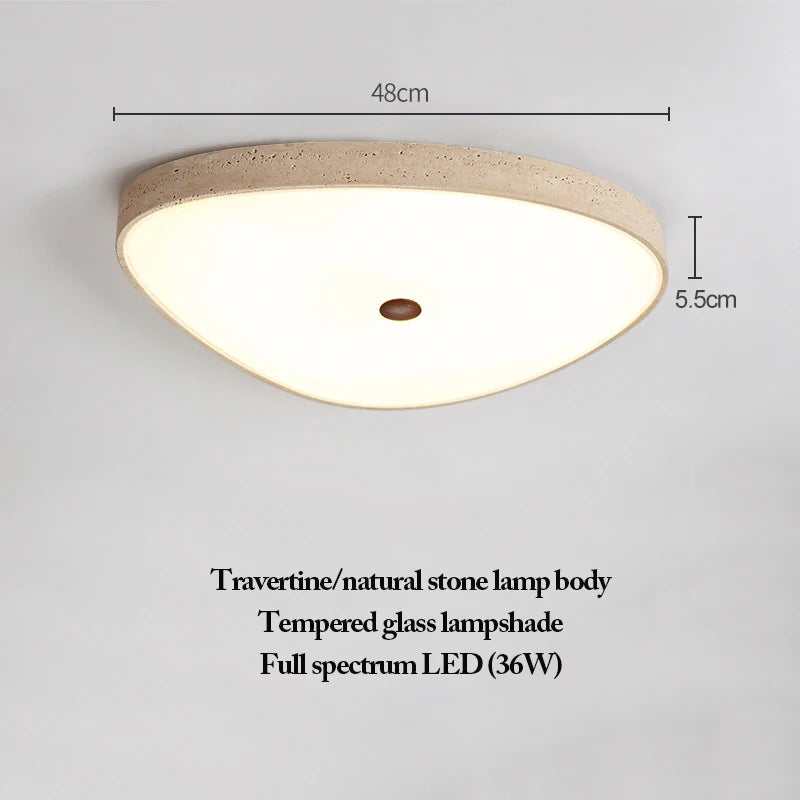 The Natural Stone Ceiling Light is a triangular ceiling fixture, crafted from either travertine or natural stone and paired with a tempered glass shade. Showcasing elegant wabi-sabi aesthetics, it features a powerful 36W full-spectrum LED and measures 48cm in width and 5.5cm in height—infusing any room with refined illumination and organic beauty.
