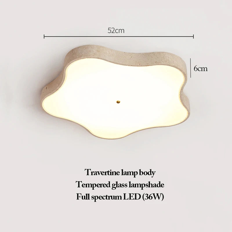 Natural Stone Ceiling Light, featuring a cloud-shaped travertine body, tempered glass lampshade, and full spectrum 36W LED; this wabi-sabi fixture measures 52cm wide by 6cm high.