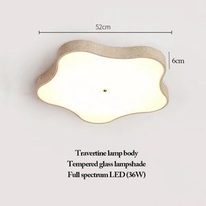 Natural Stone Ceiling Light, featuring a cloud-shaped travertine body, tempered glass lampshade, and full spectrum 36W LED; this wabi-sabi fixture measures 52cm wide by 6cm high.