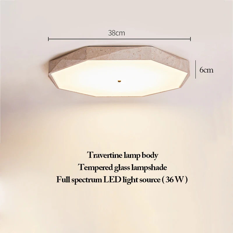 Natural Stone Ceiling Light with an octagonal travertine body and a tempered glass shade, equipped with a 36W full-spectrum LED, measuring 38cm wide by 6cm tall—an elegant lighting solution that celebrates organic wabi-sabi beauty.
