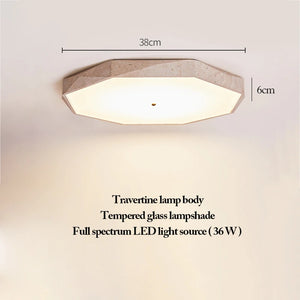 Natural Stone Ceiling Light with an octagonal travertine body and a tempered glass shade, equipped with a 36W full-spectrum LED, measuring 38cm wide by 6cm tall—an elegant lighting solution that celebrates organic wabi-sabi beauty.