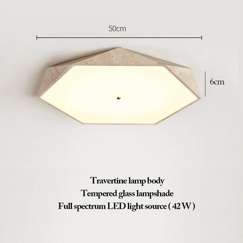 Natural Stone Ceiling Light with a hexagonal travertine body and tempered glass lampshade, measuring 50 cm in width and 6 cm in height, and featuring a 42W full spectrum LED light source—a sophisticated statement of wabi-sabi lighting for any space.