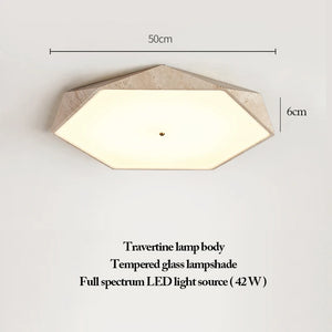 Natural Stone Ceiling Light with a hexagonal travertine body and tempered glass lampshade, measuring 50 cm in width and 6 cm in height, and featuring a 42W full spectrum LED light source—a sophisticated statement of wabi-sabi lighting for any space.