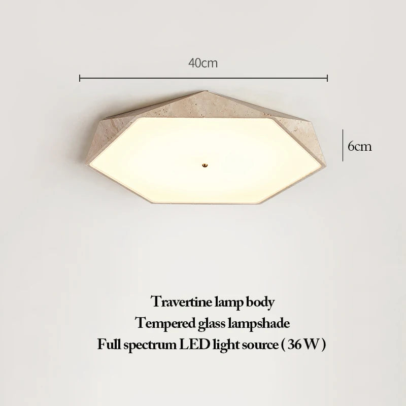 Natural Stone Ceiling Light featuring a hexagonal travertine body, tempered glass shade, and a 36W full spectrum LED light source; inspired by wabi-sabi lighting aesthetics. Measures 40 cm wide and 6 cm high.