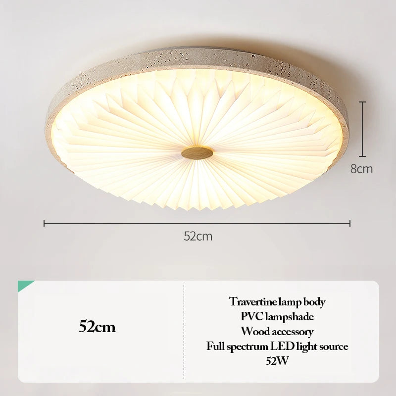 Introducing the Natural Stone Ceiling Light—a round travertine fixture with a pleated PVC lampshade, complemented by a stylish wooden accent. This ceiling light embodies wabi-sabi aesthetics with its understated elegance and organic textures. Measuring 52cm in diameter and 8cm in height, it features a natural stone lamp body and utilizes a 52W full spectrum LED light source.