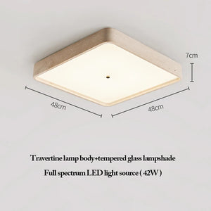 The Natural Stone Ceiling Light showcases a square travertine body, tempered glass shade, and full spectrum 42W LED; measuring 48 cm x 48 cm x 7 cm, it’s an ideal wabi-sabi lighting piece for sophisticated, organic interiors.