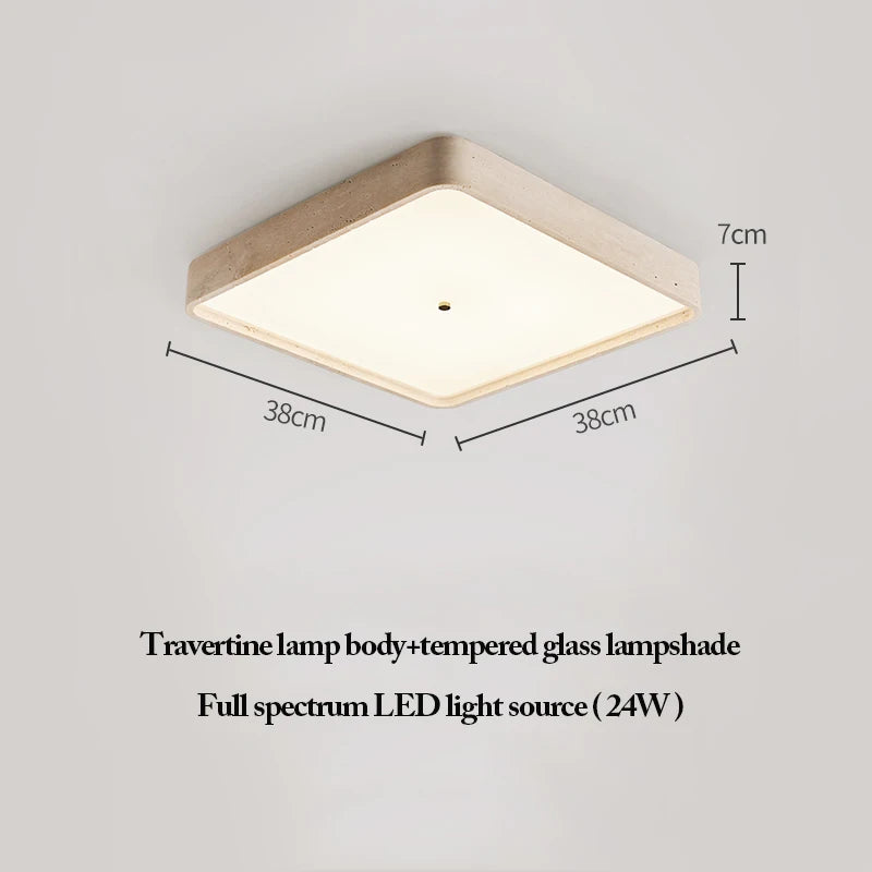 Natural Stone Ceiling Light featuring a travertine body, tempered glass shade, and full spectrum 24W LED; this square ceiling light measures 38cm x 38cm x 7cm.