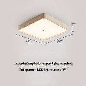 Natural Stone Ceiling Light featuring a travertine body, tempered glass shade, and full spectrum 24W LED; this square ceiling light measures 38cm x 38cm x 7cm.
