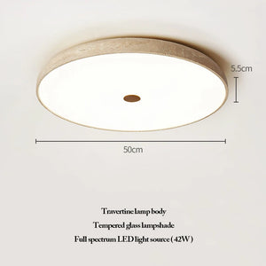 The Natural Stone Ceiling Light features a round travertine body, a tempered glass lampshade, 50 cm diameter, 5.5 cm height, and a full-spectrum 42W LED light source—an ideal choice for adding wabi-sabi lighting to any space.