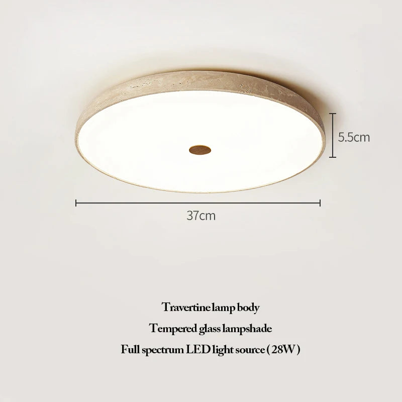 Bring refined beauty to your space with the Natural Stone Ceiling Light, crafted with a round travertine body and complemented by a tempered glass lampshade. Its full spectrum LED light source offers vibrant illumination while embodying the wabi-sabi philosophy through its organic texture and understated elegance. Dimensions: 37 cm wide, 5.5 cm high.