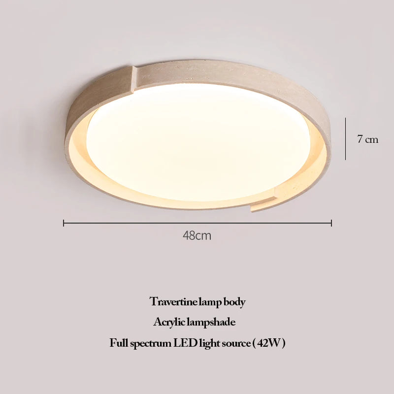 Natural Stone Ceiling Light featuring a round travertine body, acrylic lampshade, and full-spectrum 42W LED. Measuring 48 cm wide by 7 cm high, it offers a refined wabi-sabi aesthetic for modern interiors.