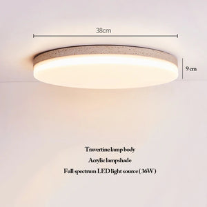 Illuminate your space with the Natural Stone Ceiling Light, showcasing understated elegance through its round travertine lamp body, acrylic lampshade, and powerful 36W full spectrum LED. With dimensions of 38 cm in diameter and 9 cm in height, this fixture perfectly exemplifies wabi-sabi lighting for modern interiors.