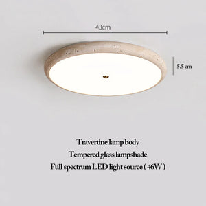 Elevate your space with the Natural Stone Ceiling Light, crafted with a natural stone body and a tempered glass lampshade. Inspired by wabi-sabi lighting principles, this round fixture delivers a calming ambiance via its full spectrum 46W LED. It measures 43 cm in diameter and 5.5 cm in height.