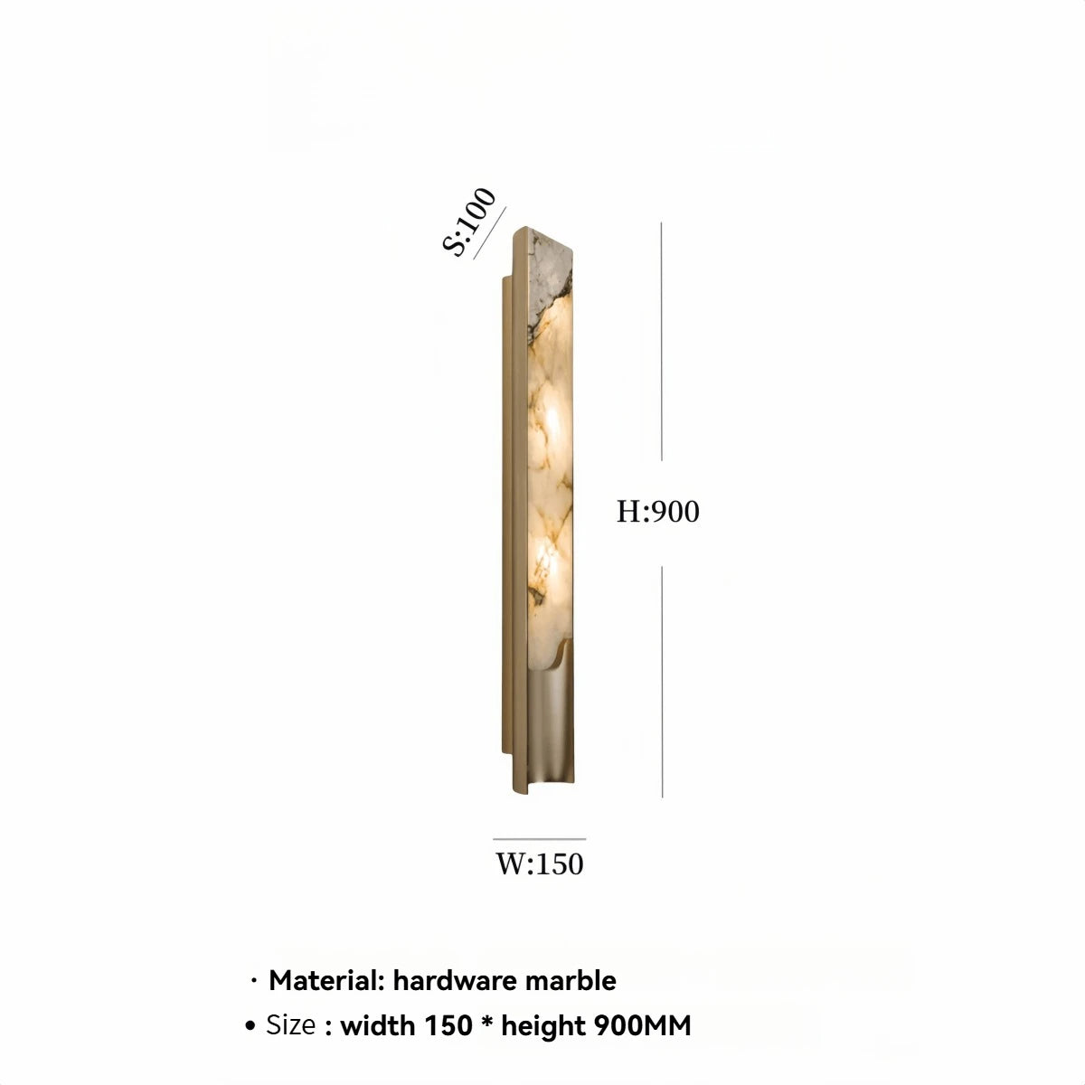 The Luxury Marble Wall Sconce features an elongated rectangular frame crafted with marble and hardware, measuring 900mm in height, 150mm in width, and 100mm in depth. This elegant wall light emits a refined glow, adding sophistication to any vertical space.