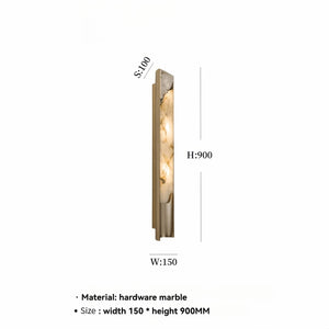 The Luxury Marble Wall Sconce features an elongated rectangular frame crafted with marble and hardware, measuring 900mm in height, 150mm in width, and 100mm in depth. This elegant wall light emits a refined glow, adding sophistication to any vertical space.