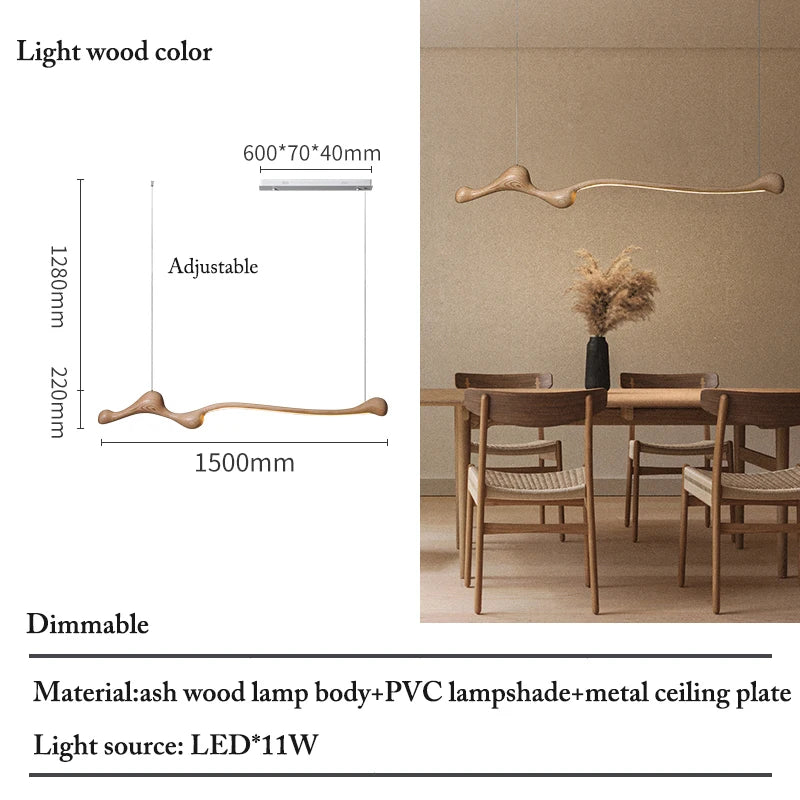 A modern dining area features the Tideform Biomorphic Pendant Light with elegant Nordic minimalism, its long, curvy ash wood form suspended above a table and chairs. Dimensions and technical details are displayed on the left.