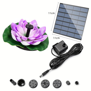 The Lotus-shaped Solar Fountain kit with a purple flower design includes a solar panel, pump, various nozzles, and a cable. Its floating design is perfect for garden ponds. The solar panel measures 11 cm by 11 cm.