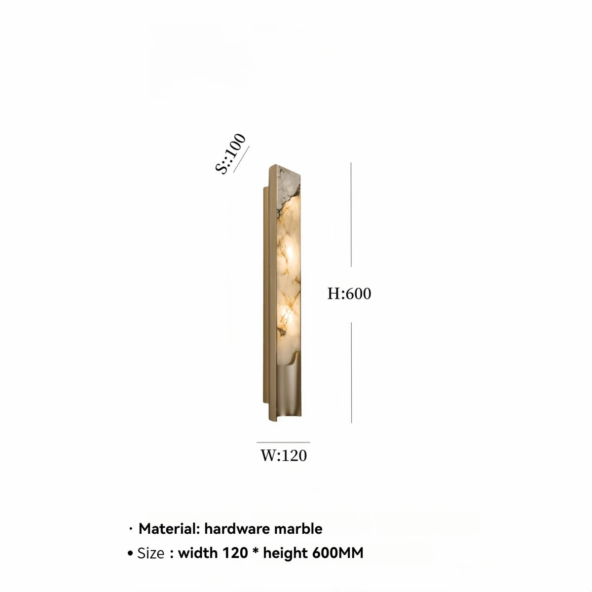 The Luxury Marble Wall Sconce showcases a sophisticated wall-mounted design, incorporating a striking marble panel complemented by elegant brass hardware. Measuring 120mm wide and 600mm high, this fixture is expertly crafted with premium materials and annotated with precise dimensions, resulting in a refined, high-end finish.