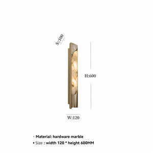 The Luxury Marble Wall Sconce showcases a sophisticated wall-mounted design, incorporating a striking marble panel complemented by elegant brass hardware. Measuring 120mm wide and 600mm high, this fixture is expertly crafted with premium materials and annotated with precise dimensions, resulting in a refined, high-end finish.