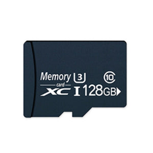 A black 128GB microSD memory card labeled "Memory card XC I U3 128GB" is ideal for storing footage from your Wireless Charger Clock SpyCam or any device with motion detection.