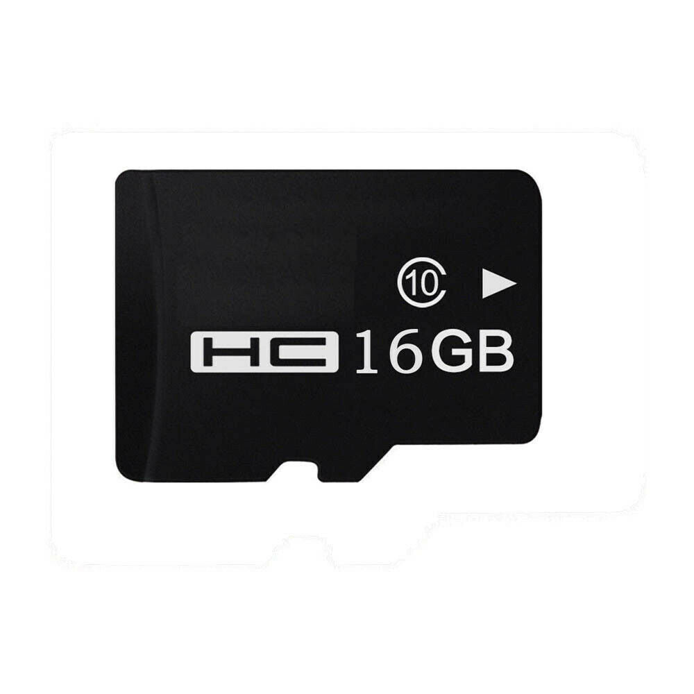 A black microSD card labeled "HC 16GB" with class 10 speed on a white background, ideal for use in the Bluetooth Speaker SpyCam for reliable home monitoring and continuous 24/7 security.