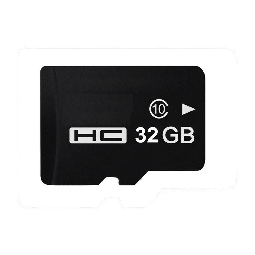 A black 32GB Class 10 microSDHC card, perfect for storing footage from the Wireless Charger Clock SpyCam, is displayed on a white background.