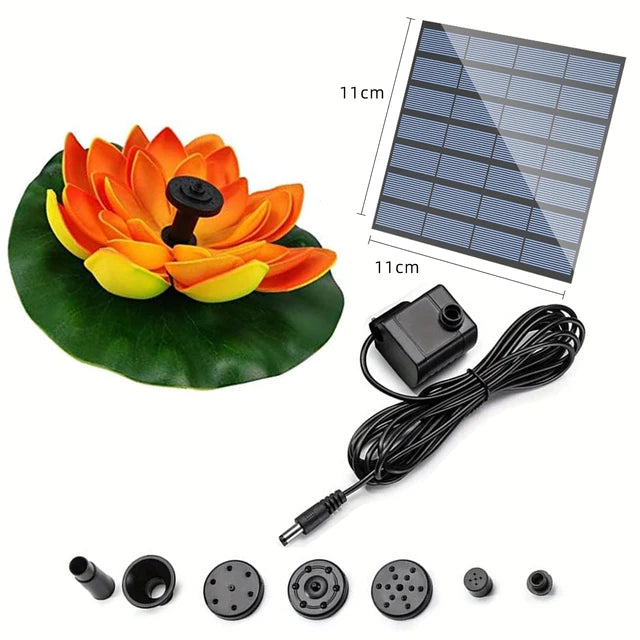 The Lotus-shaped Solar Fountain kit features an elegant orange lotus flower, a solar panel (11x11 cm), a water pump with an extended cable, and five nozzle attachments. This eco-friendly fountain not only beautifies your garden pond but also offers a sustainable decoration solution.