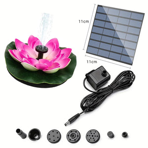 Introducing the Lotus-shaped Solar Fountain kit, featuring a stunning pink and white lotus flower design that is perfect for garden ponds. This eco-friendly, floating solar-powered fountain comes complete with a solar panel, pump with connected cable, and an assortment of spray head accessories.