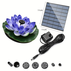 The Lotus-shaped Solar Fountain with a purple flower design features a solar panel, pump, and various nozzle attachments. Ideal for garden ponds, its floating design includes an 11 cm x 11 cm solar panel.