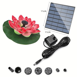 Introducing the Eco-Friendly Lotus-shaped Solar Fountain, a solar-powered water fountain kit perfect for garden ponds. It features a delightful pink water lily decoration, a floating design with a solar panel, pump with cable, and five interchangeable fountain nozzles.